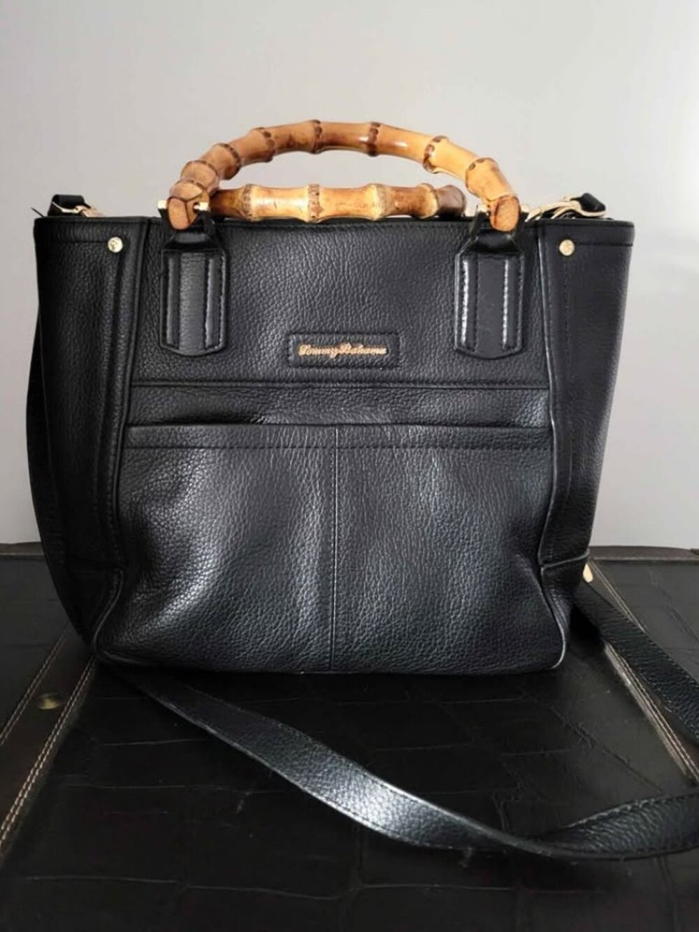 Tommy Bahama Pebbled Leather Bag with Bamboo Handles & Crossbody Strap